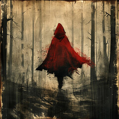Back View Art of Little Red Riding Hood Walking Along a Trail in the Woods - obrazy, fototapety, plakaty