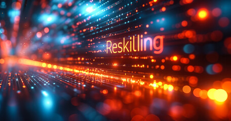 Modern concept of career development with 'Reskilling' illuminated in orange neon on a dynamic, futuristic, cyber-inspired digital circuit board background - obrazy, fototapety, plakaty