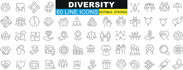 Diversity icon set. Symbols of inclusivity, community, workplace. Variety in culture, ethnicity, religion, gender, age, disability, race. Vector illustrations for web design, infographics - obrazy, fototapety, plakaty