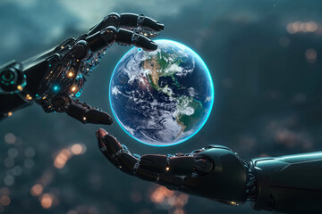 A robotic arm and human hand gently cradle a glowing Earth hologram, symbolizing unity
