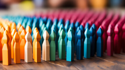 Colorful wooden figures standing in rows symbolizing diversity, unity, and inclusion within communities and teams in a social concept