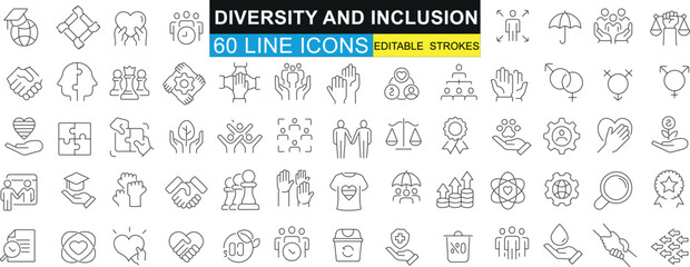 Diversity, inclusion icons set, vector illustrations for workplace, community, social unity. Symbols representing different people, abilities, genders. Perfect for web design, presentations