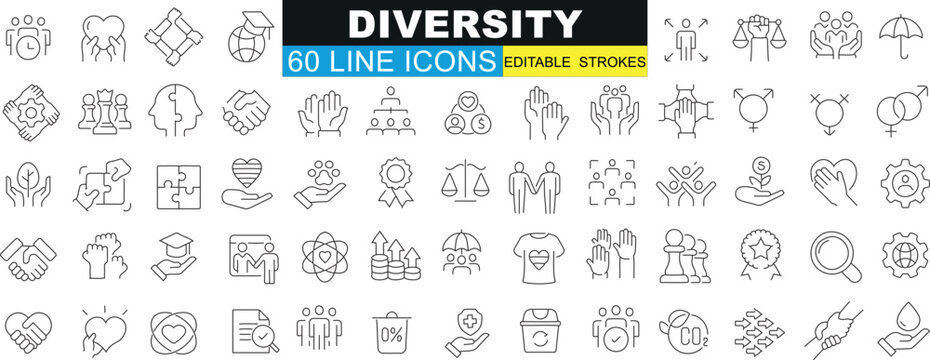 Diversity icon set. Symbols of inclusivity, community, workplace. Variety in culture, ethnicity, religion, gender, age, disability, race. Vector illustrations for web design, infographics