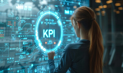 Focused businesswoman analyzing Key Performance Indicators (KPI) on futuristic digital interface, strategic management and data analysis concept