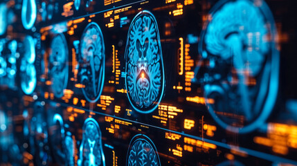 Cutting-edge medical imaging technology in neon azure displaying a sequence of cerebral MRI scans for neurological exploration and diagnosis in a healthcare facility