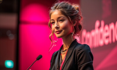 Empowered female speaker giving a passionate speech at a conference with Confidence backdrop, inspiring leadership and self-assurance