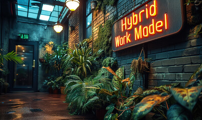 Illuminated neon sign 'Hybrid Work Model' in a lush indoor office setting, representing the contemporary flexible work environment blending nature with workspace design - obrazy, fototapety, plakaty