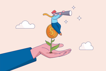 Growing wealth concept. Investment or saving growth, financial and banking forecast, earning profit or grow income or mutual fund return, man look through telescope on plant with money coin flower.