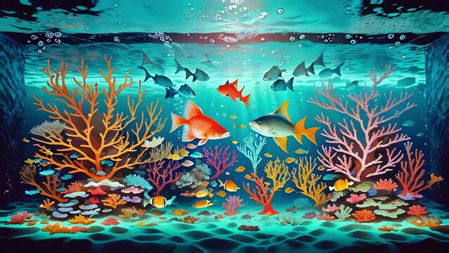 Colorful fish swimming in aquarium among corals.