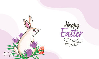Happy Easter Banner Design with Cute Cartoon Rabbit Sitting on Floral with Eggs Illustration.