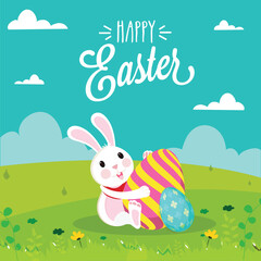 Obraz na płótnie Canvas Cartoon Bunny Holding Printed Eggs on Green Nature and Blue Clouds Background for Happy Easter Celebration Concept.
