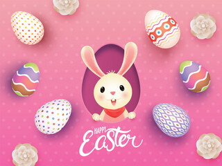 Realistic Colorful Painted Eggs with Cute Bunny in Paper Cut Background Illustration for Happy Easter Celebration Concept.