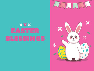 Easter Blessings or Greeting Card with Cartoon Cute Bunny with Painted Eggs on Bunting Flag Decorated Background.