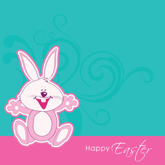 Sticker Style Cute Cartoon Cheerful Bunny on Blue Swirl Floral Background for Happy easter Celebration Concept.