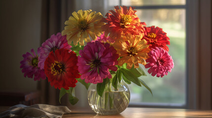 vibrant Zinnia bouquet bathed in soft morning light. 