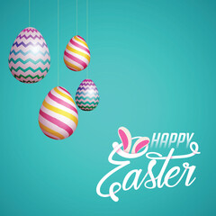 Hanging Realistic Painted Eggs on Turquoise Background for Happy Easter Celebration Concept.