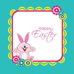 Cartoon Cheerful Bunny against Happy Easter Text Over Floral Frame or Card.
