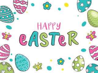 Colorful Happy Easter Text with Printed Eggs, Flowers and Butterflies Cartoon on White Background.