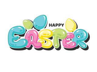 Sticker Style Colorful Happy Easter Text with Eggs on White Background.