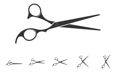 Set hair cut scissor icon. Scissors vector design element or logo template. Black and white silhouette isolated.