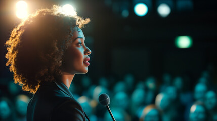 Eine Frau steht vor einem Publikum und hält eine Rede im Seitenprofil fotografiert
