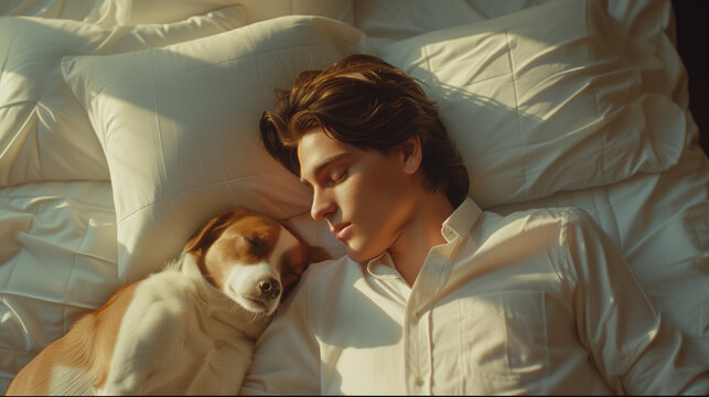 Ein Mann und sein bester Freund der Hund liegen im Bett und schlafen zusammen w&auml;hrend Sonnenstrahlen &uuml;ber das Bett wandern