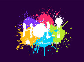 Happy Holi festival of colors poster. Brush ink calligraphy on colorful powder splashes. Indian celebration greeting card. India traditional holiday print. Hindu national color festive. Vector design