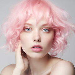Naklejka premium Close-up portrait of a young woman with pink curly hair and blue eyes, ideal for beauty and fashion themes. Close-Up of Young Woman with Pink Hair