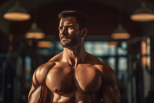 Side View Portrait of Muscular Man in Gym. Shirtless muscular male bodybuilder in gym with dramatic lighting.