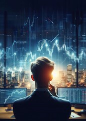 A trader seen from behind is thinking, the background is a monitors and the city, generative ai art - obrazy, fototapety, plakaty