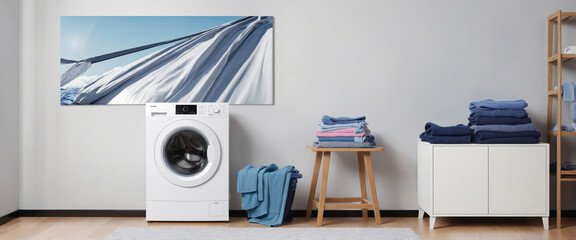 washing machine in a clean room with hud and flying clothes design as wide banner with copy space area 