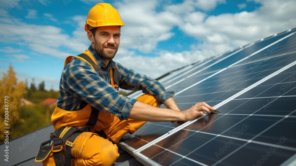 Poster a professional solar panels installer is working on the roof of a typical middle class private house