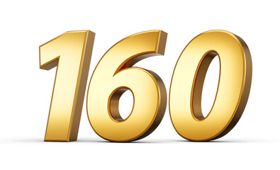 3d number 160 one hundred sixty Gold text isolated on white background with reflection 3d illustration