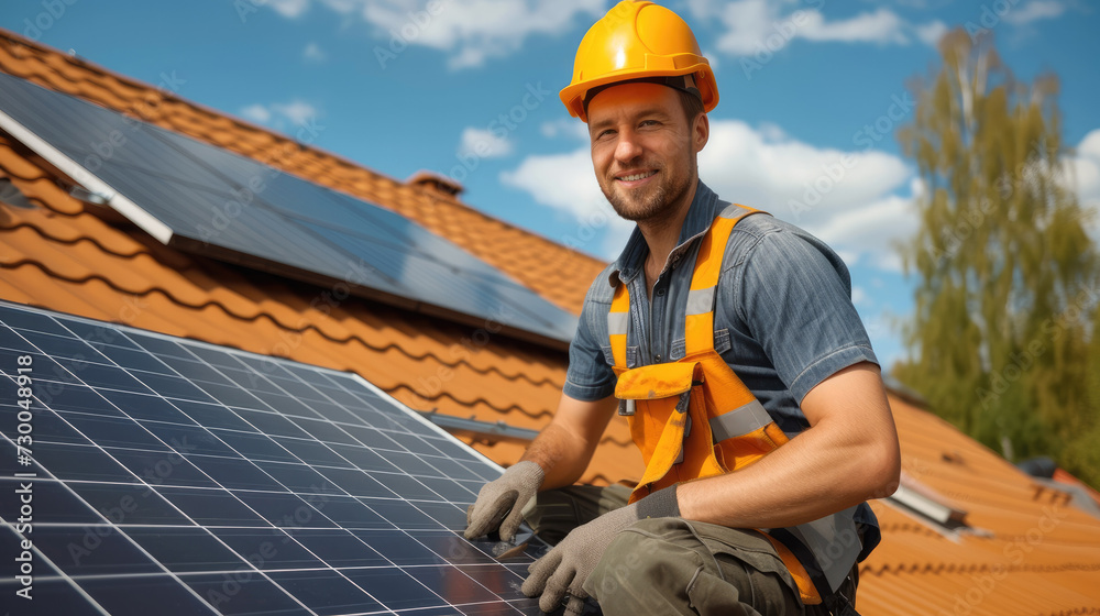 Poster a professional solar panels installer is working on the roof of a typical middle class private house