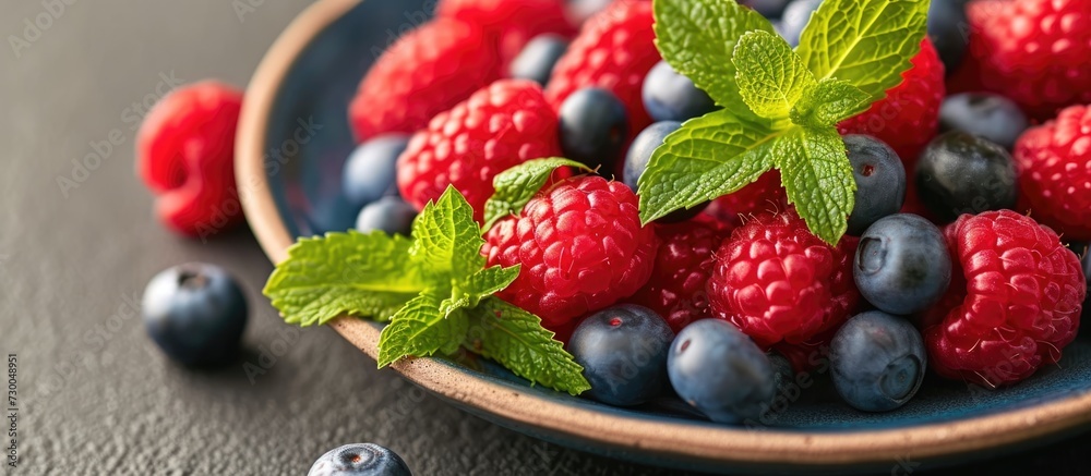 Canvas Prints Plate with fresh raspberries, blueberries, and mint sprig.