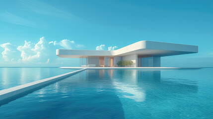 A modern architectural marvel, this sleek, minimalistic structure appears to float above the tranquil blue waters, with a clear sky and fluffy clouds in the background, evoking a sense of futuristic t