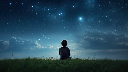 A captivating scene depicts a young boy and girl surrounded by glowing planets and stars in the night sky, embodying the essence of dreaming and hope.