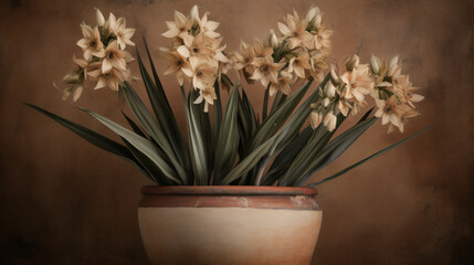 Yucca blooms arranged in a vintage terracotta pot. 