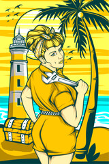 sexy charming girl illustration with awesome beach background