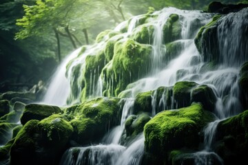 Waterfall cascading down mossy rocks. Majestic and powerful. Mist rising from the water.