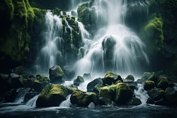 Waterfall cascading down mossy rocks. Majestic and powerful. Mist rising from the water.