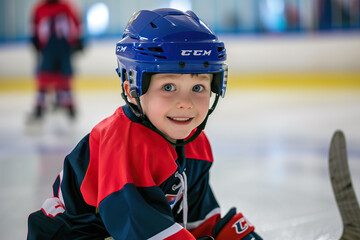 Little boy playing hockey on ice rink.