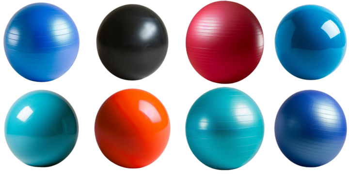 A set of glossy, colourful exercise balls for fitness and balance training. Transparent background.