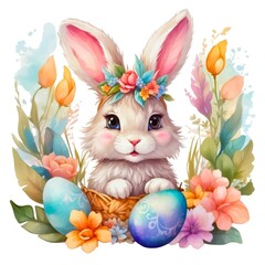 Watercolor illustration portrait of an easter fluffy bunny rabbit with easter eggs and flowers on isolated white background.
