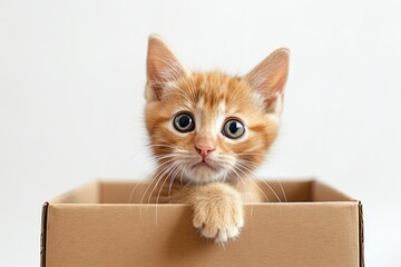 Fototapeta premium cute little stray kitten in a cardboard box on a white background
