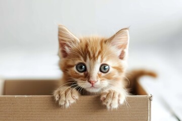 cute little stray kitten in a cardboard box on a white background