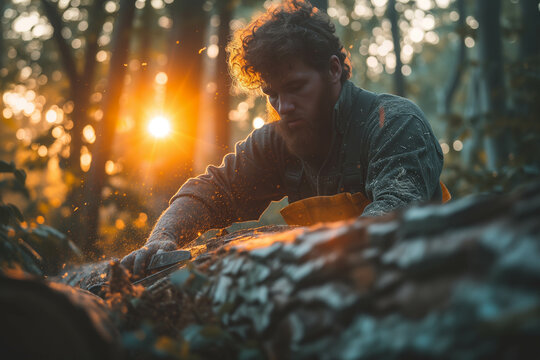 A carpenter is actively working on cutting down trees.