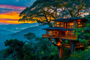 Obraz premium Treetop Elegance: A sophisticated treehouse hotel perched on sturdy branches, providing panoramic views of mountains landscapes.