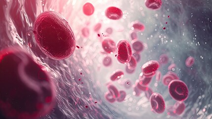 Fototapeta premium a red cell surrounded by white blood cells move through a blood vessel