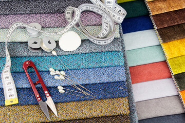 Stylish natural linen fabric and sewing accessories. The basis for sewing clothes. Flat layout,...